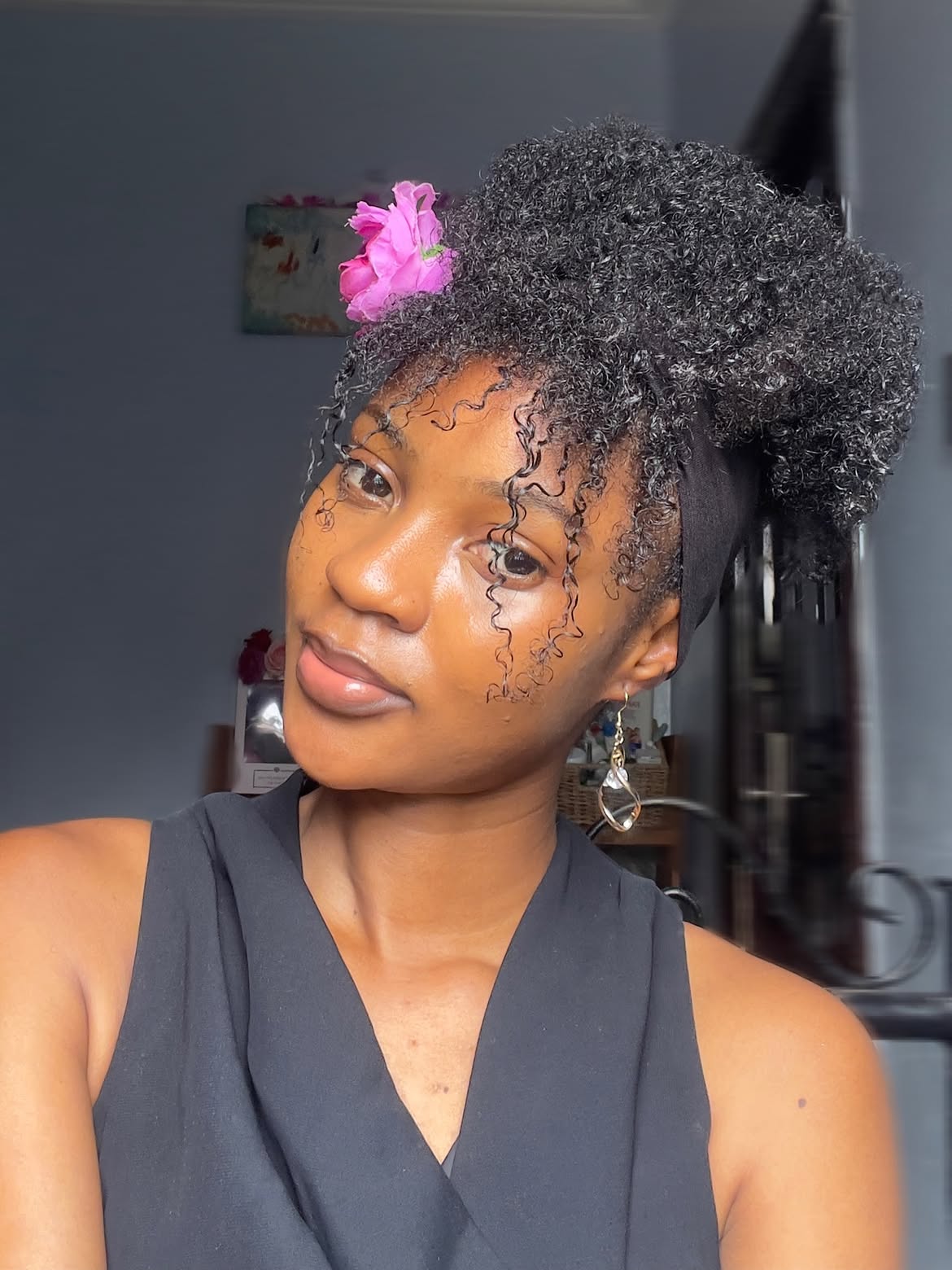 Crown Puff With Defined Coils and Flower Accent
