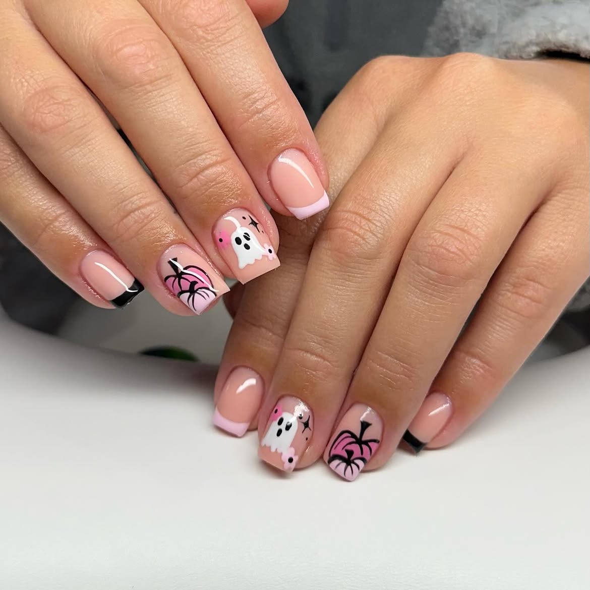Cute Ghost and Pumpkin French Tip Nails