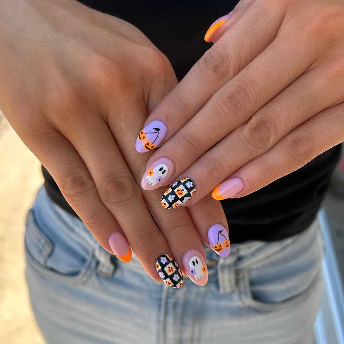 Cute Halloween Ghost and Pumpkin Almond French Tips