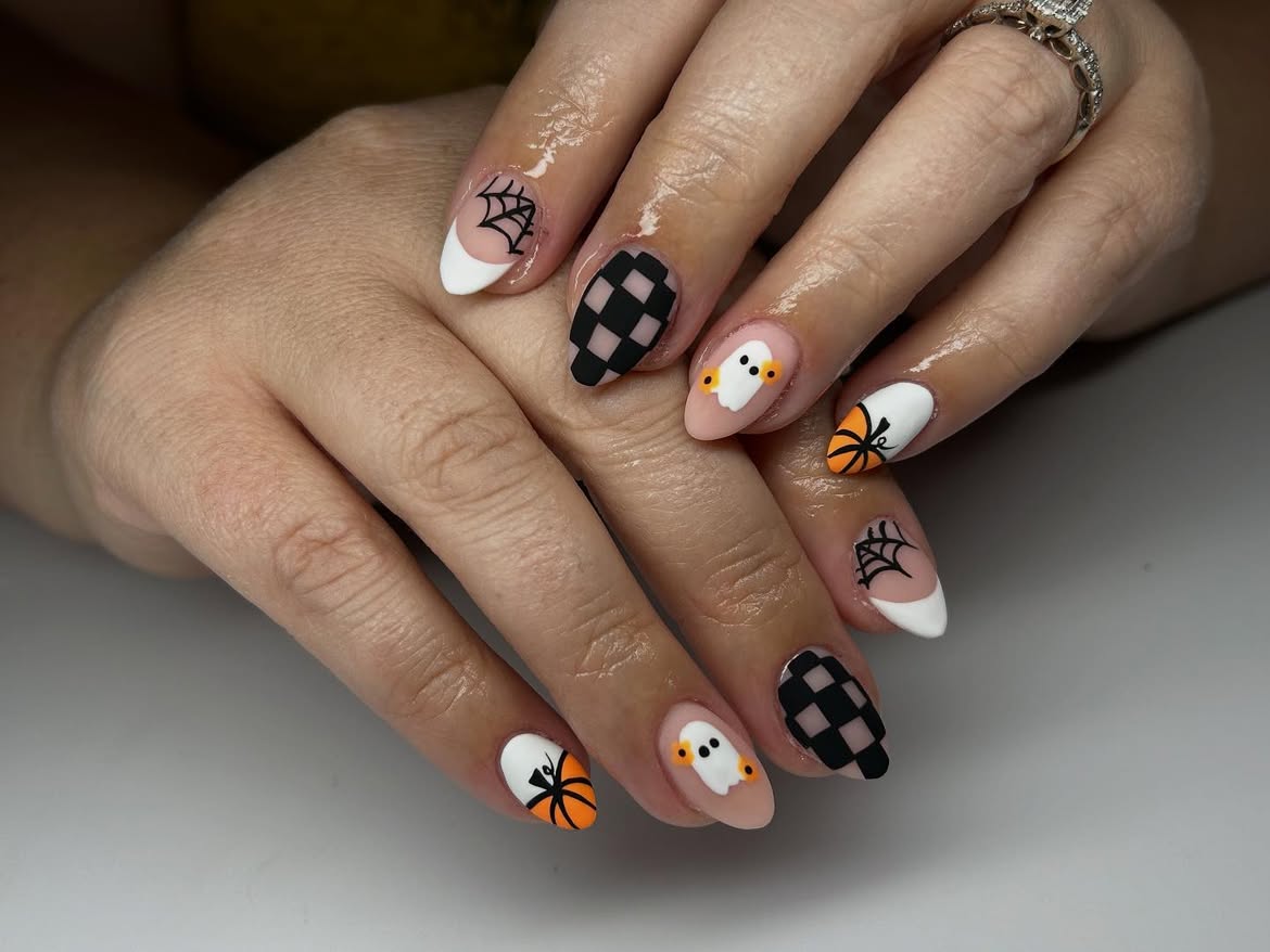 Cute Halloween Ghost and Pumpkin French Tips