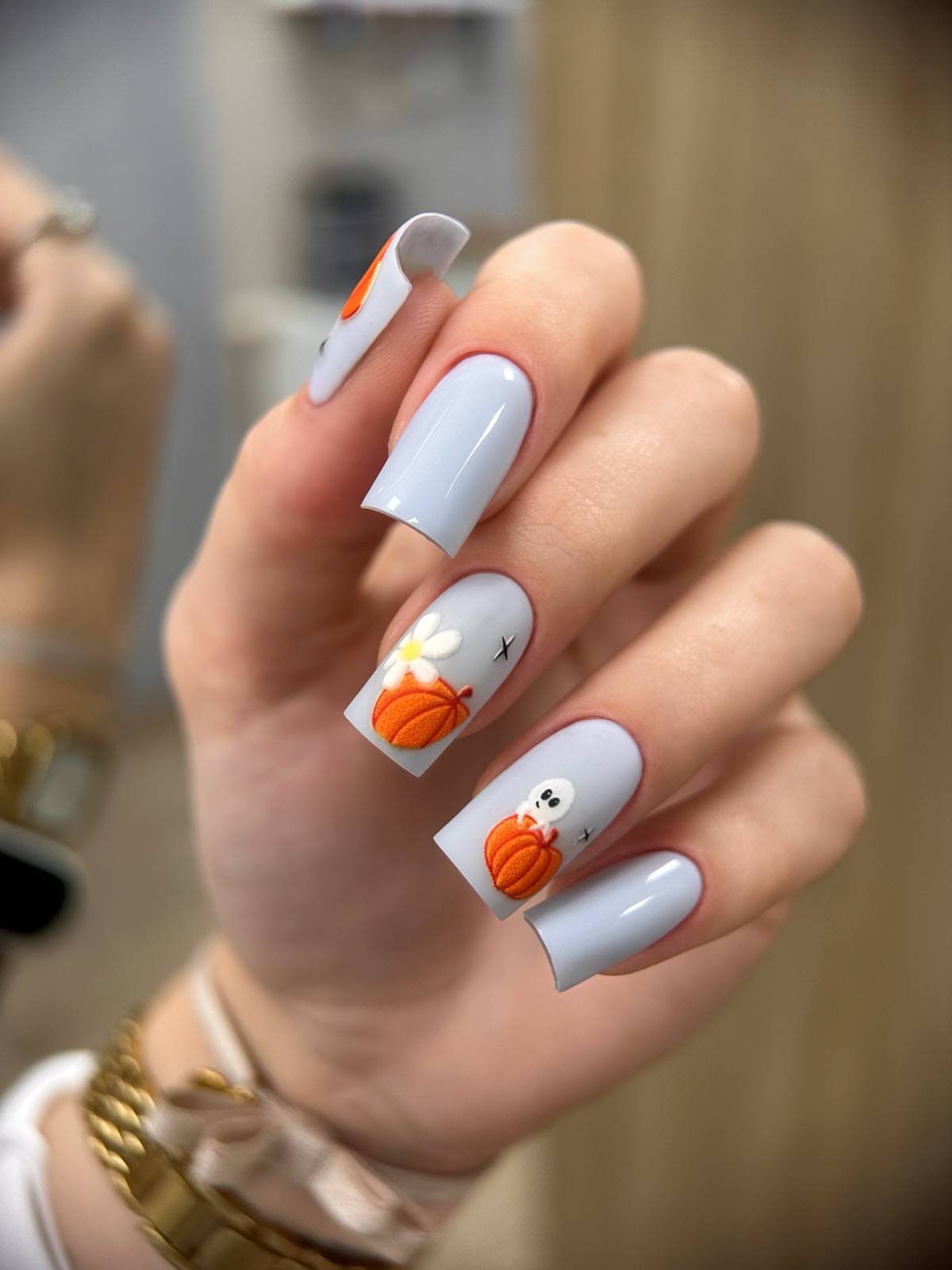 Cute Pumpkin Ghost Halloween Square Nails
