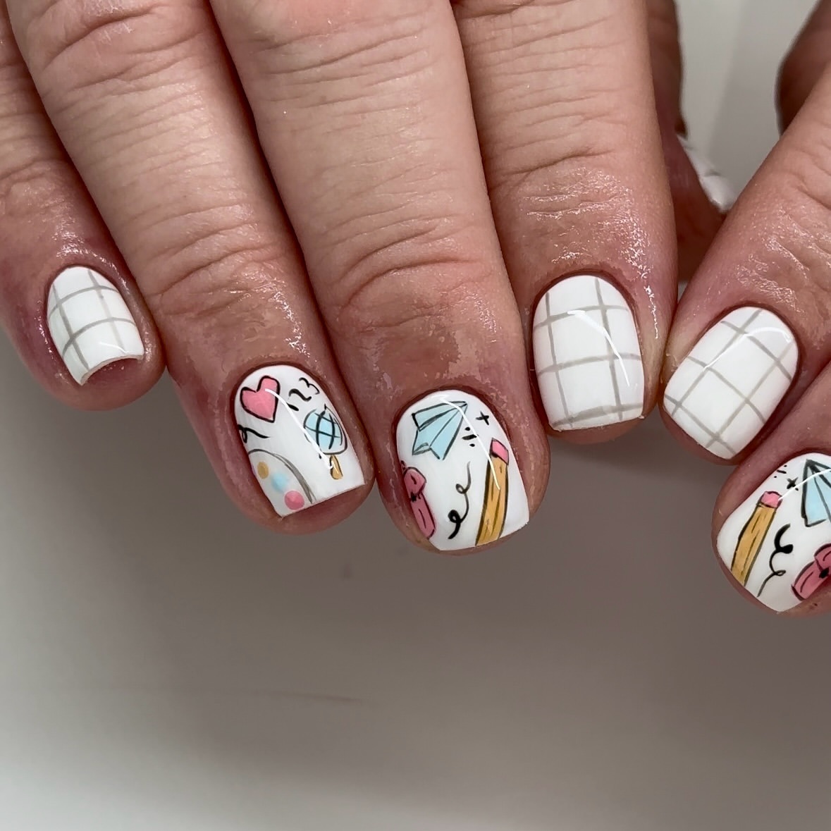 Cute School Supplies White Grid Nail Art