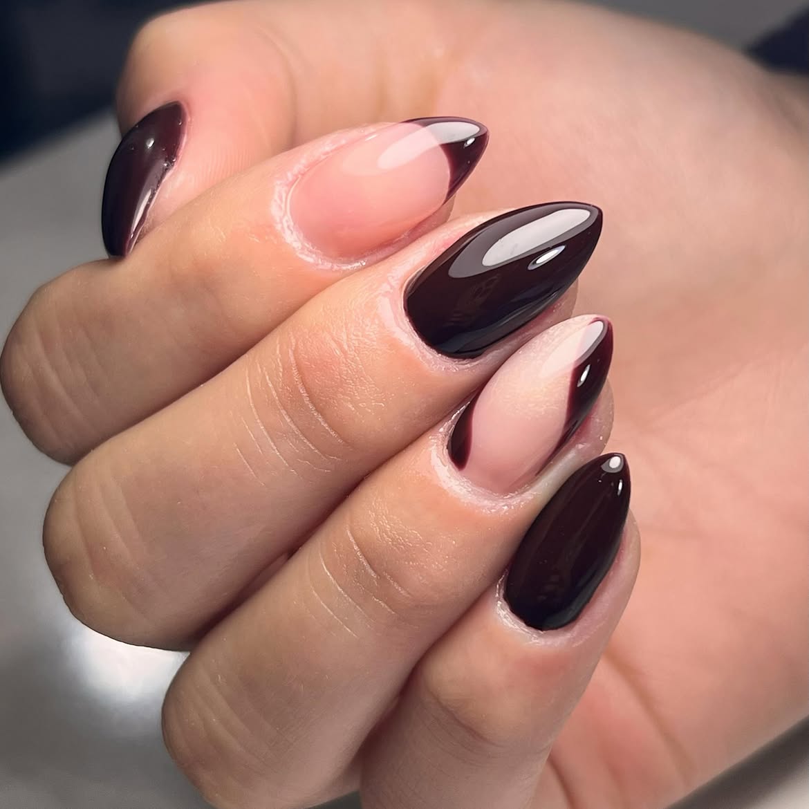 Dark Cherry Almond French Twist Nails