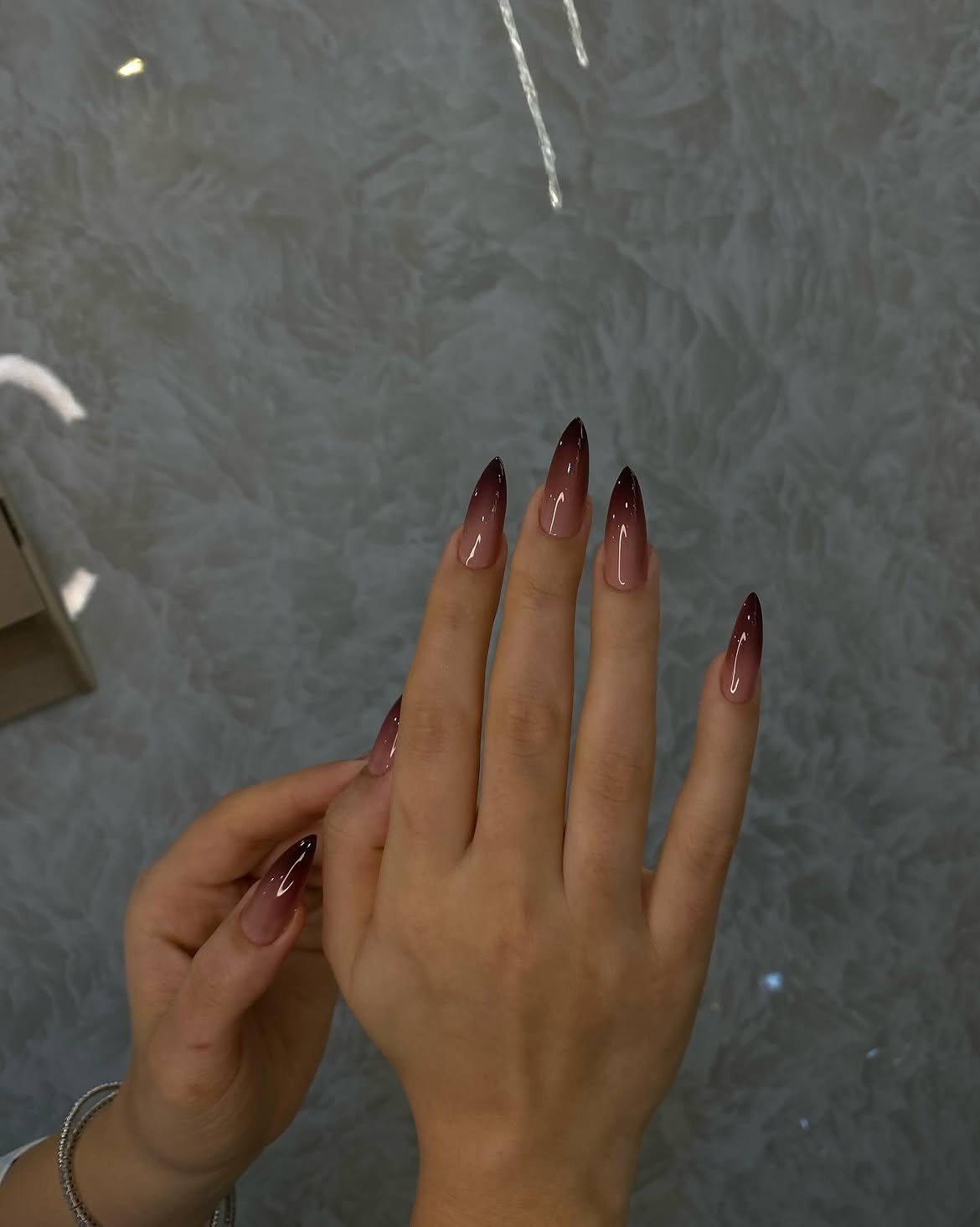 Dark Cherry To Warm Nude Ombre Stiletto Nails