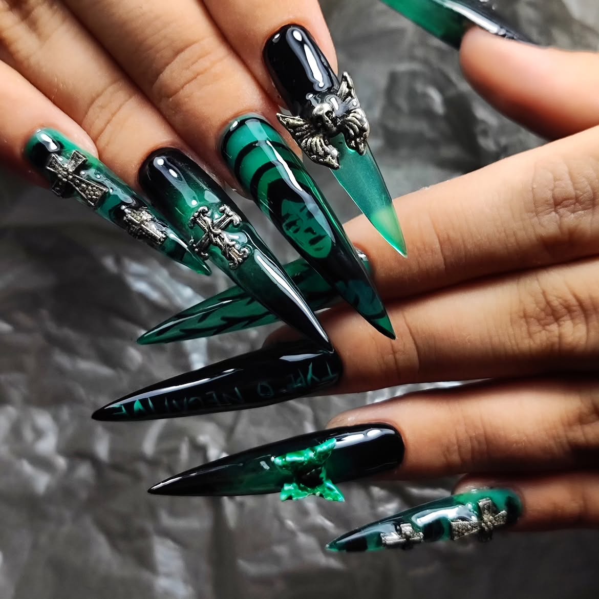 Dark Emerald & Black Stiletto Nails With Charms