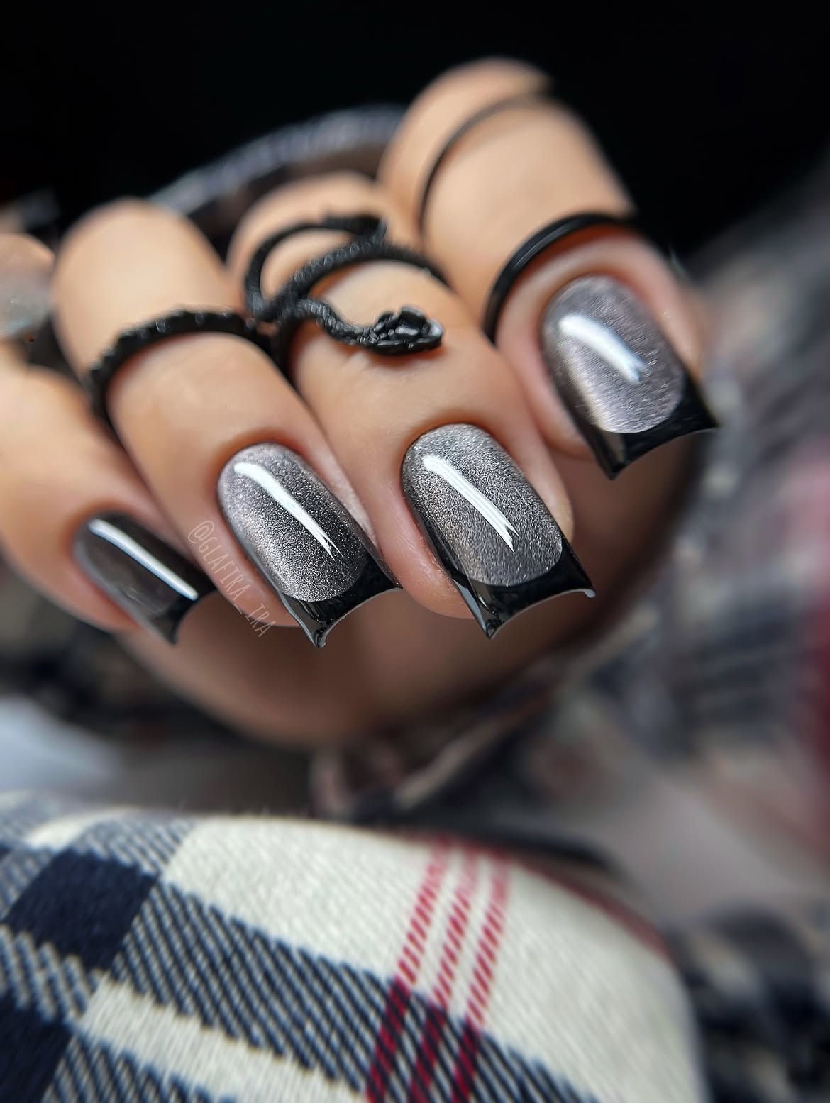 Dark Silver Cat Eye French Tip Nails