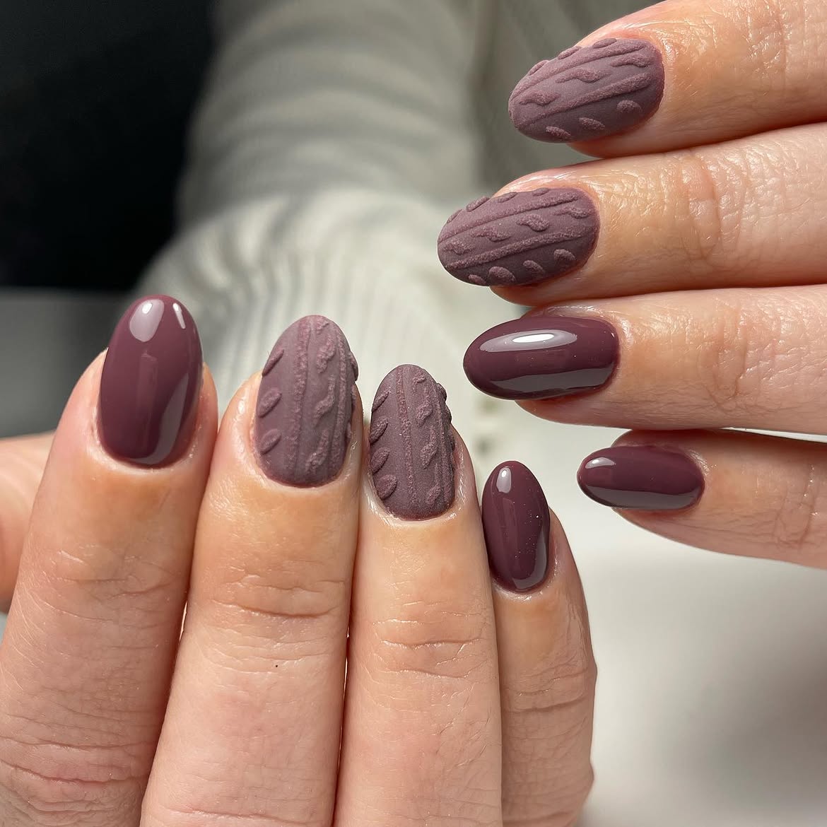 Deep Berry Matte & Cable Knit Pattern Nails