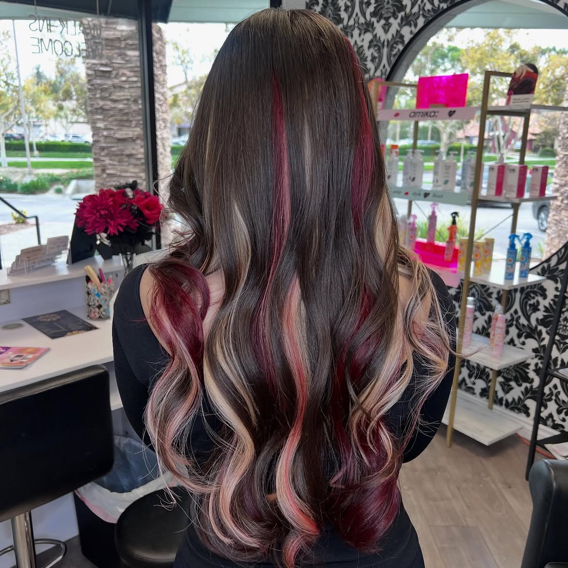 Deep Burgundy and Blonde Streak Highlights