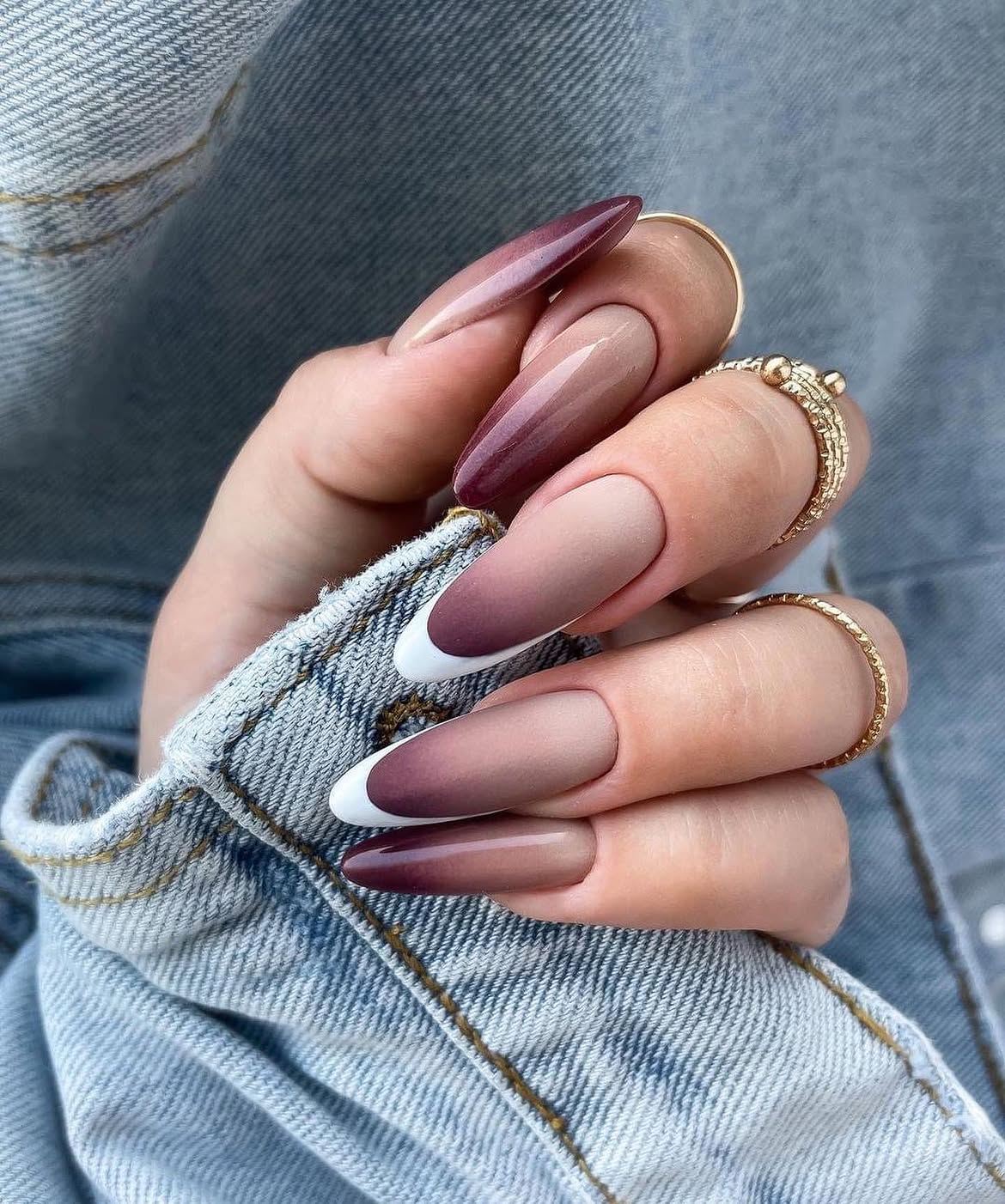 Deep Burgundy and Nude Ombre French Tips