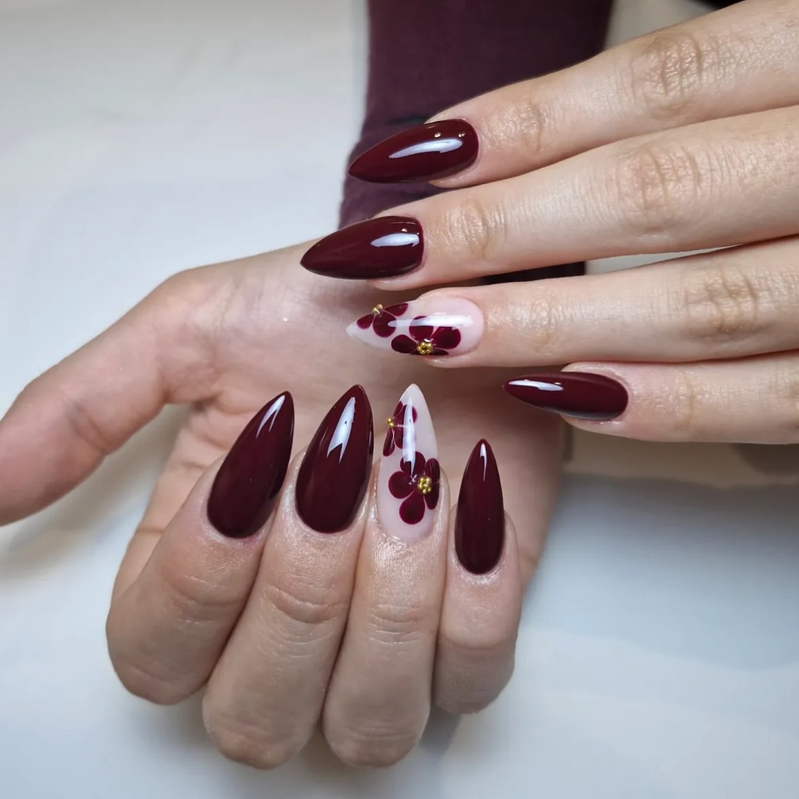 Deep Burgundy Floral Almond Nails