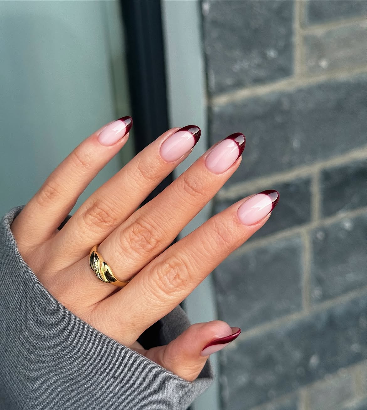Deep Burgundy French Tip Almond Nails