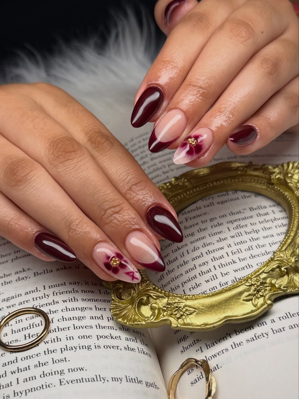 Deep Burgundy French Tip Almond Nails
