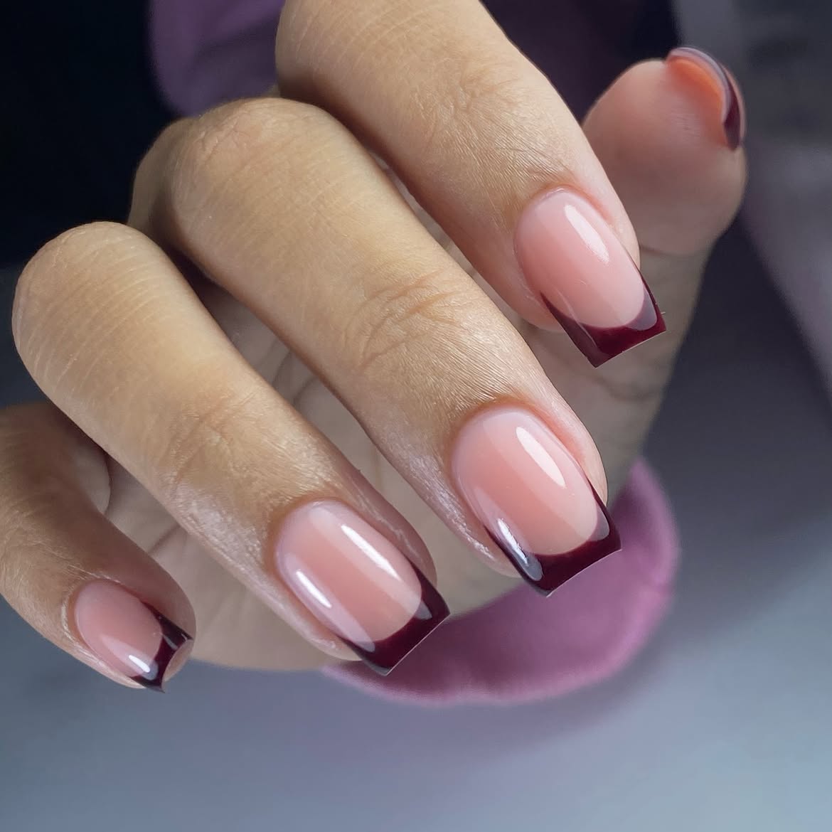 Deep Burgundy French Tip Almond Nails