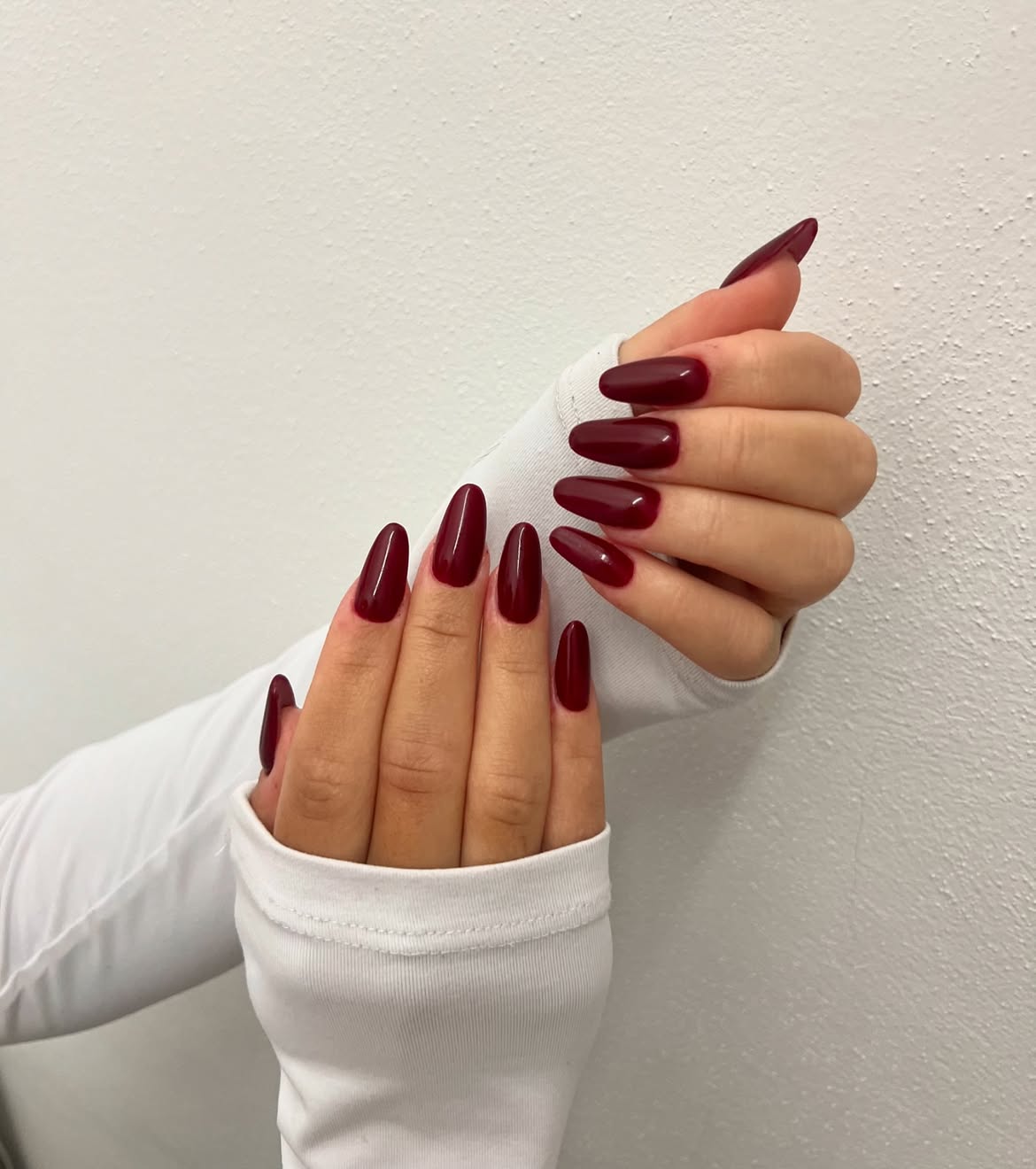 Deep Burgundy Glossy Almond Nails