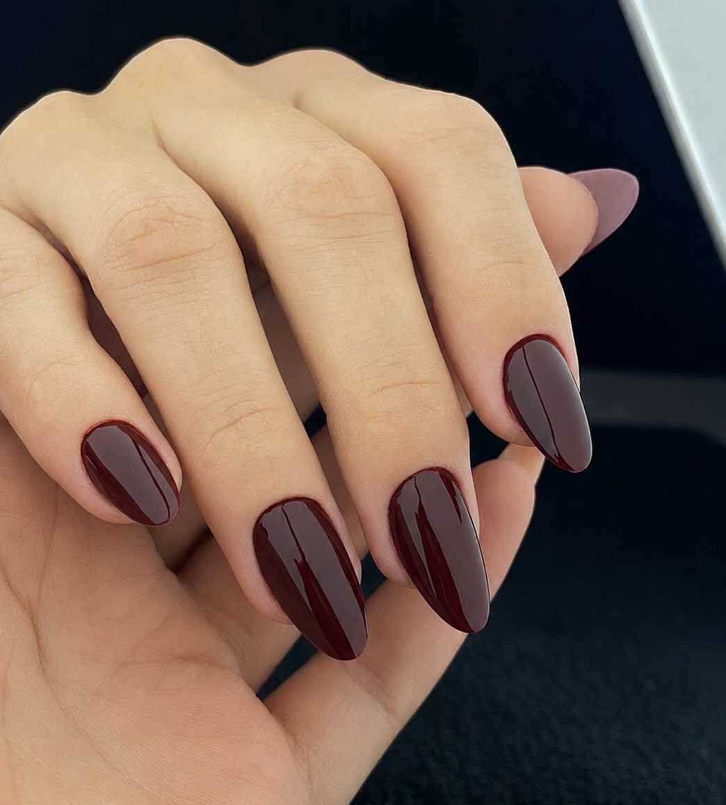 Deep Burgundy Glossy Almond Nails