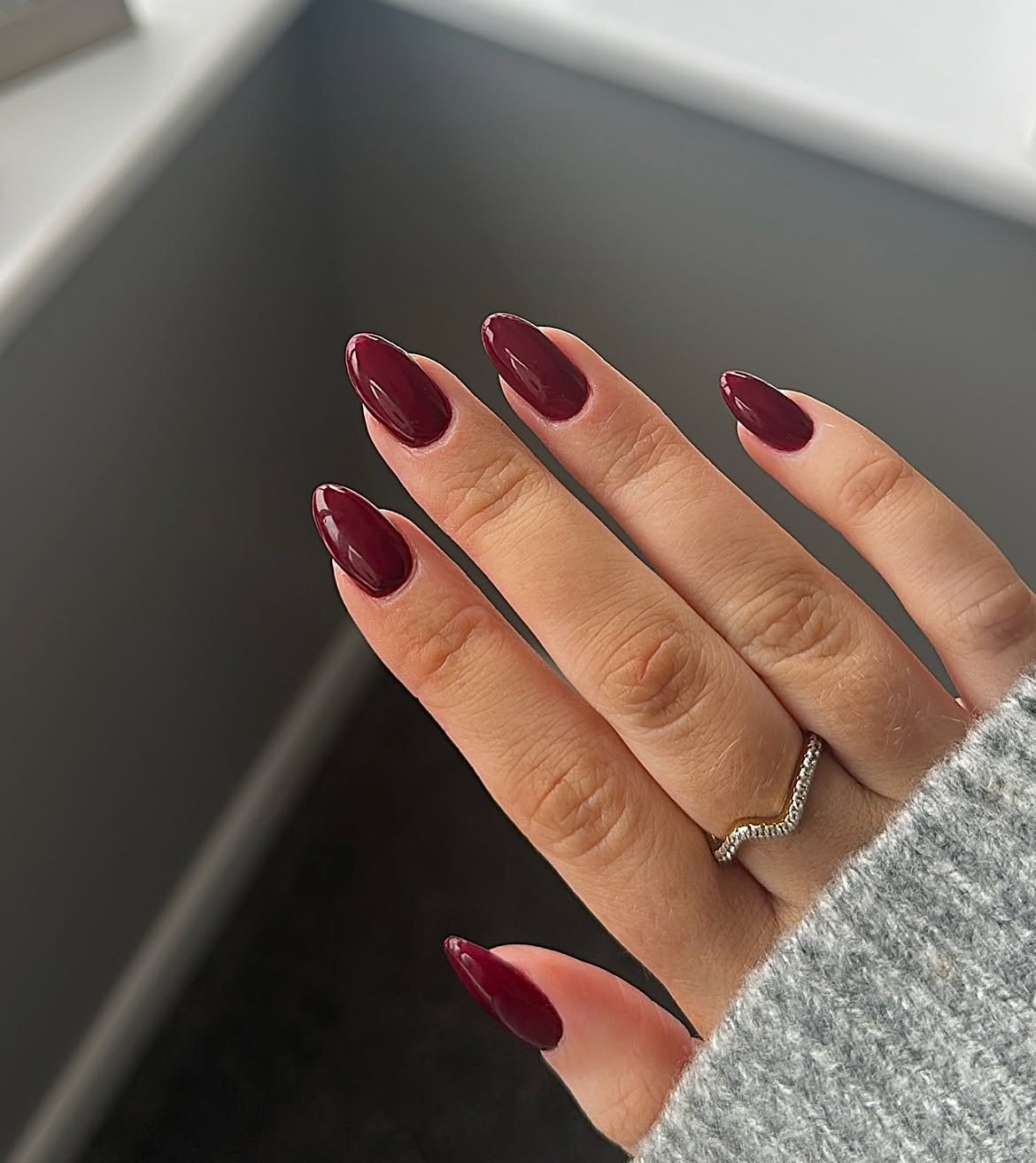 Deep Burgundy Glossy Almond Nails