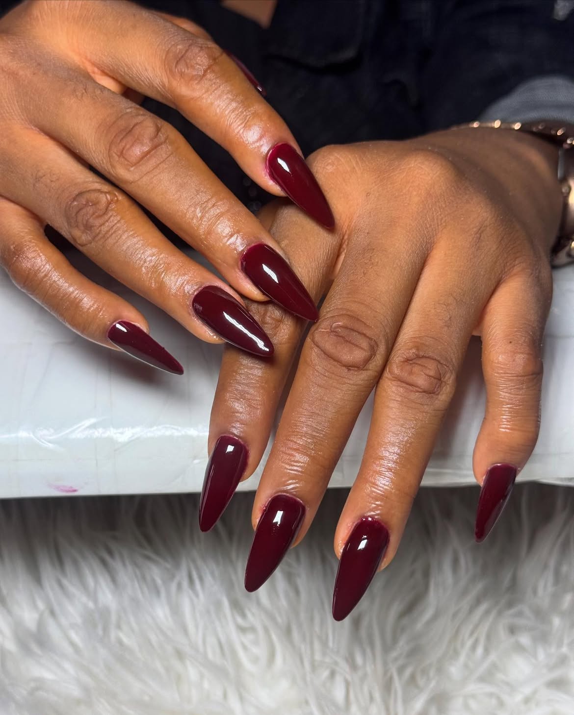 Deep Burgundy Glossy Stiletto Nails