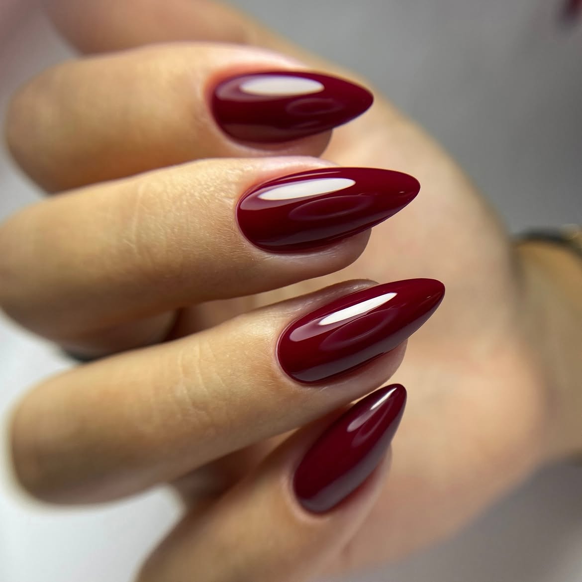 Deep Burgundy High Gloss Almond Nails