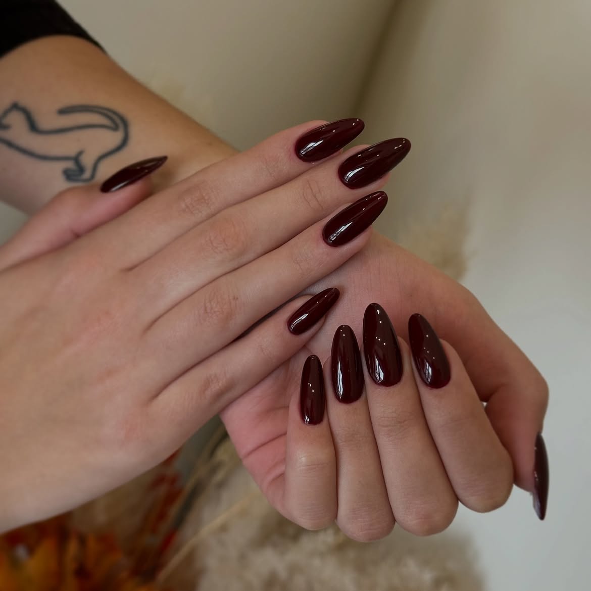 Deep Burgundy High Gloss Almond Nails