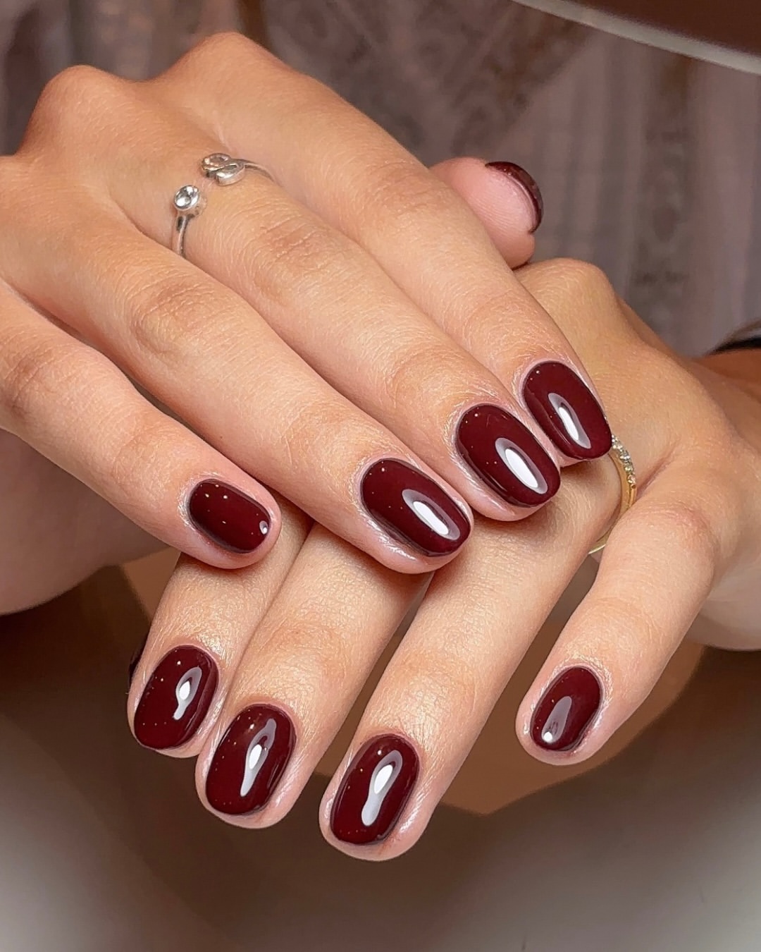 Deep Burgundy High-Gloss Oval Nails