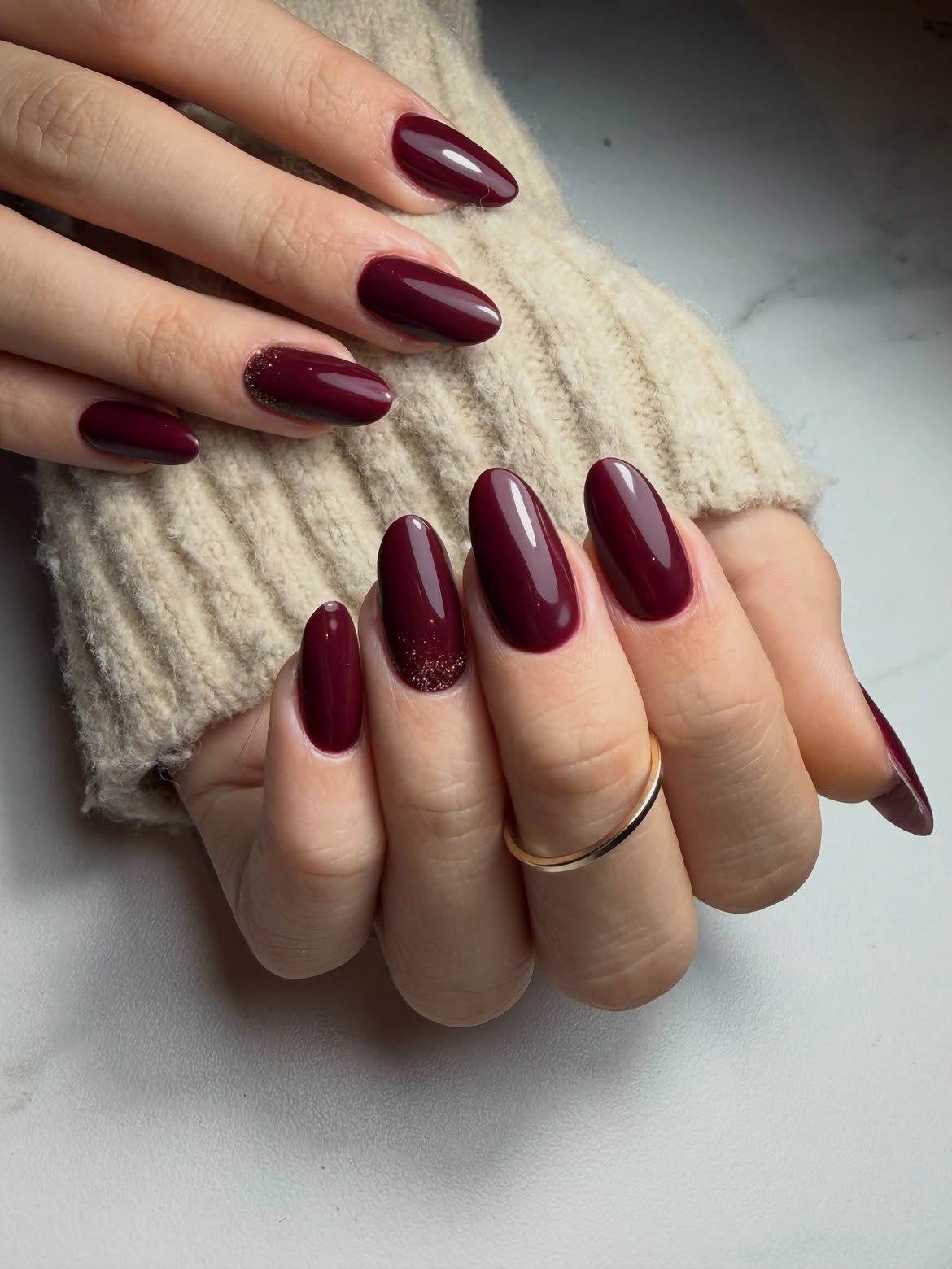 Deep Burgundy OVAL Nails with Glitter Accents