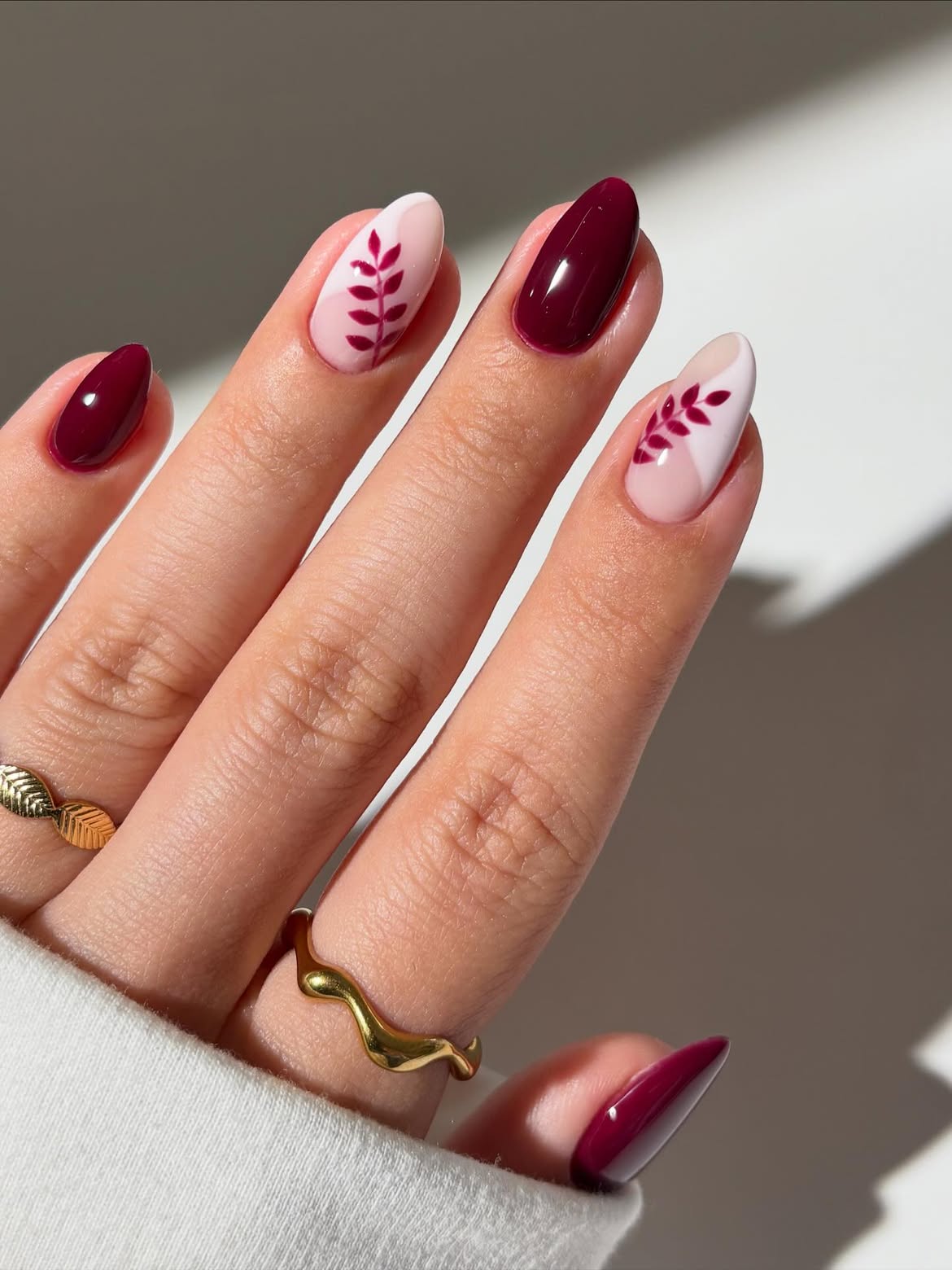 Deep Burgundy & Pink Leaf Accent Almond Nails