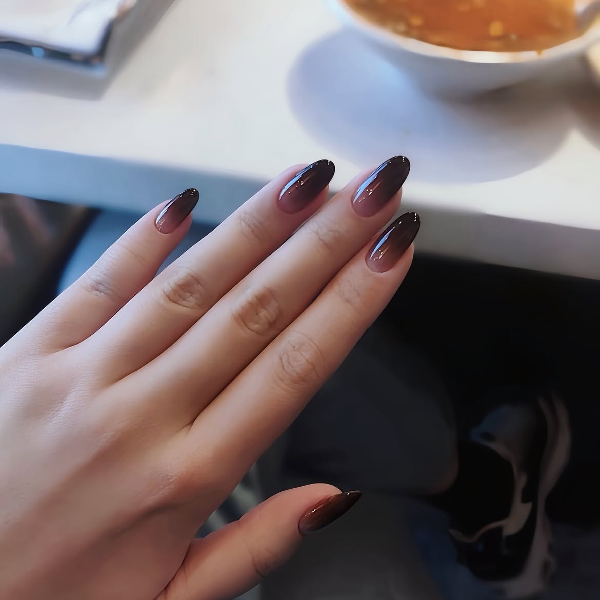 Deep Burgundy To Nude Ombre Almond Nails