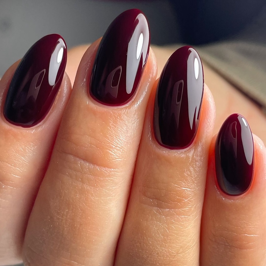 Deep Burgundy Wine Glossy Oval Nails