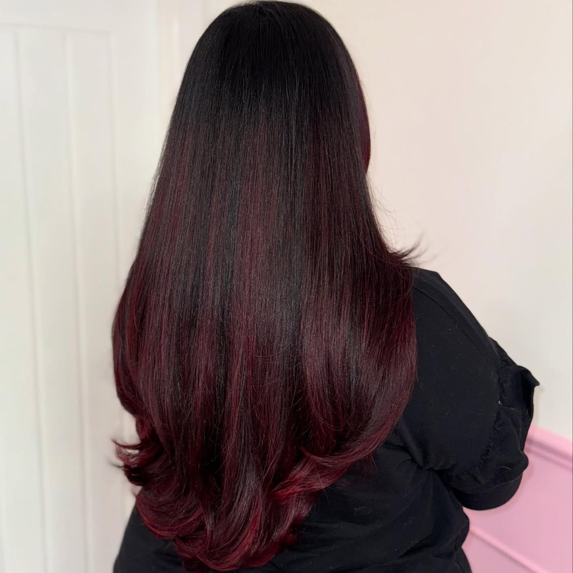 Deep Cherry Cola Highlights on Dark Hair