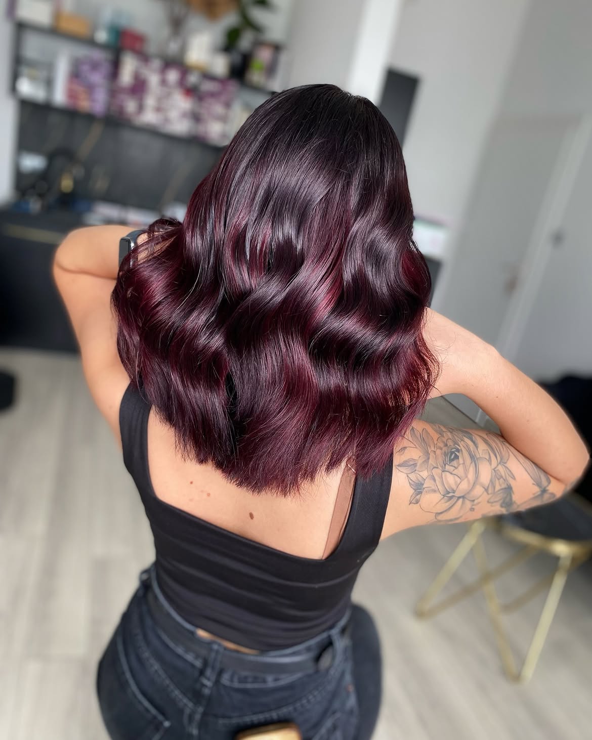 Deep Cherry Cola Waves With Dark Root
