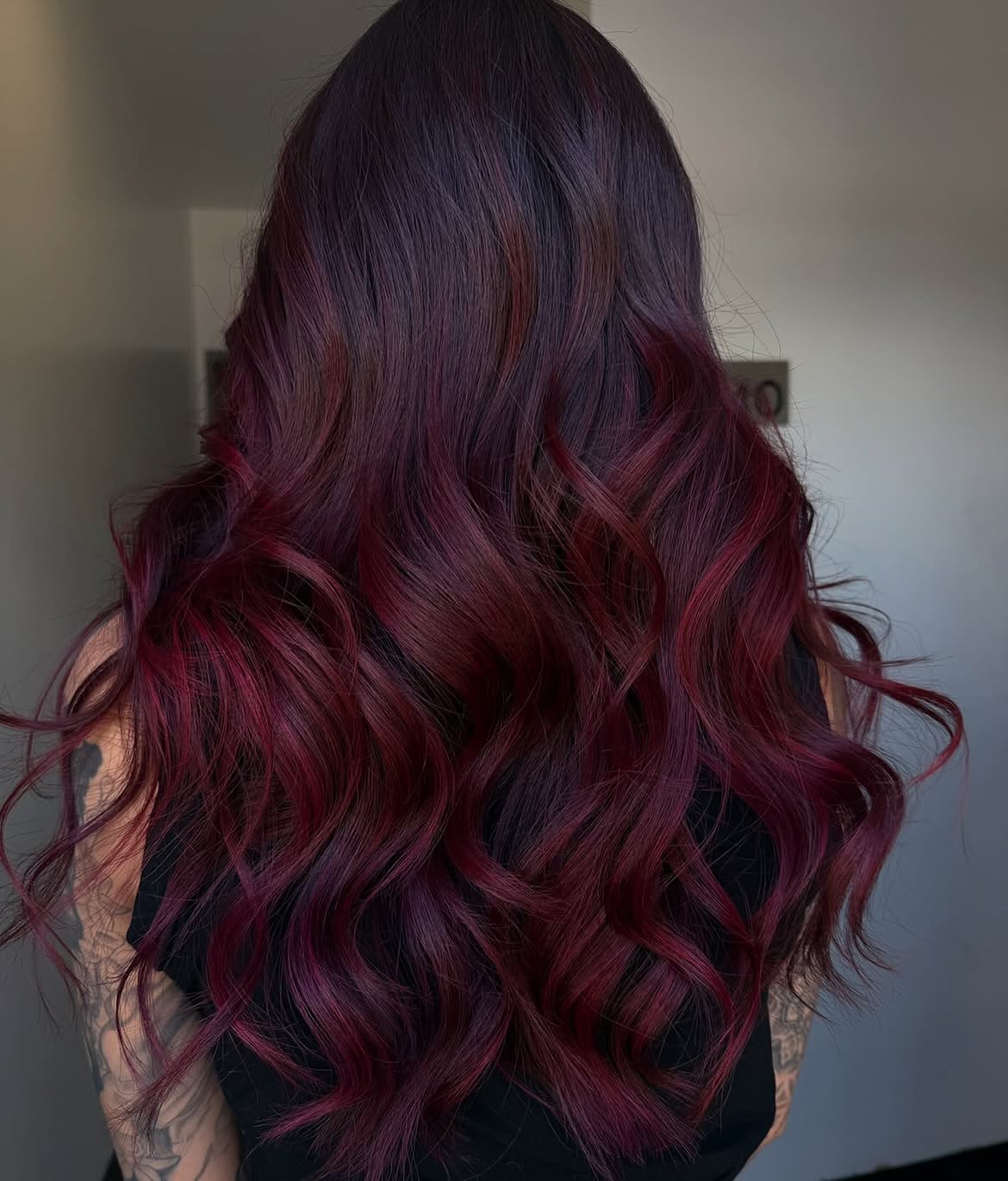 Deep Cherry Cola Waves With Dark Roots