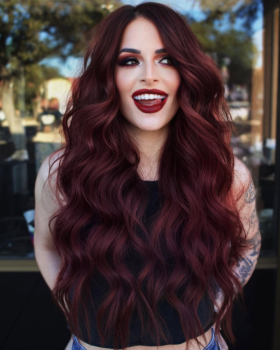 Deep Cherry Cola Waves With Dark Roots