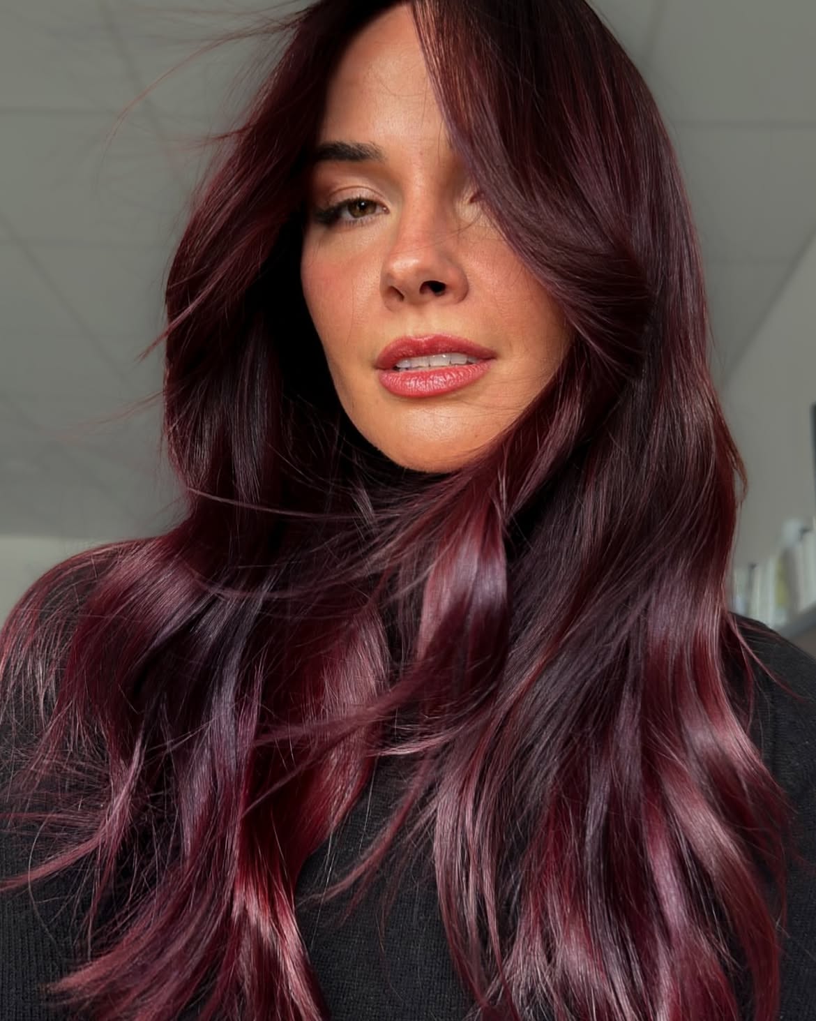 Deep Cherry Cola Waves With Face Framing Layers