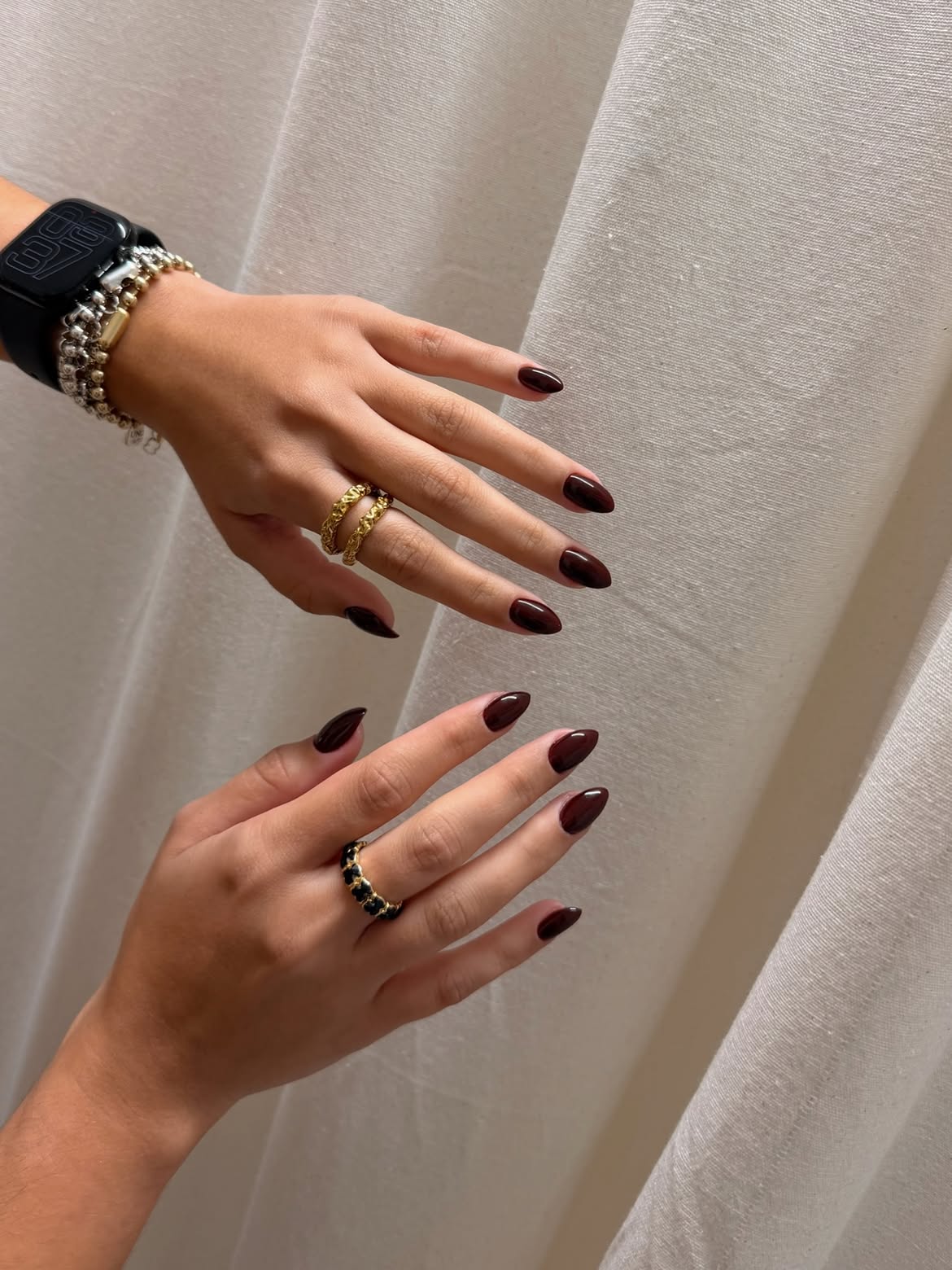 Deep Cherry Red Almond Glossy Nails