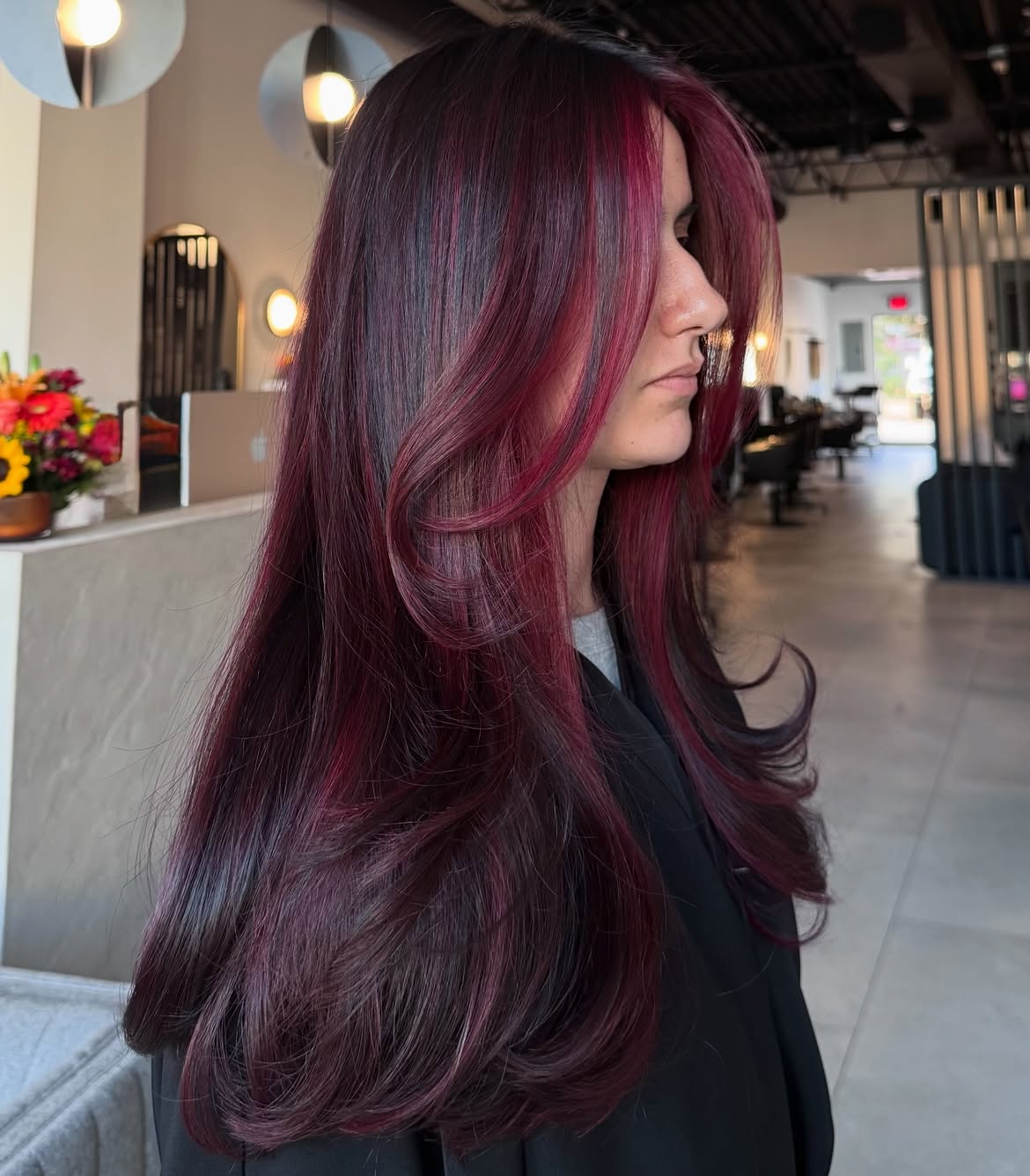 Deep Cherry Red Balayage With Face Framing Layers