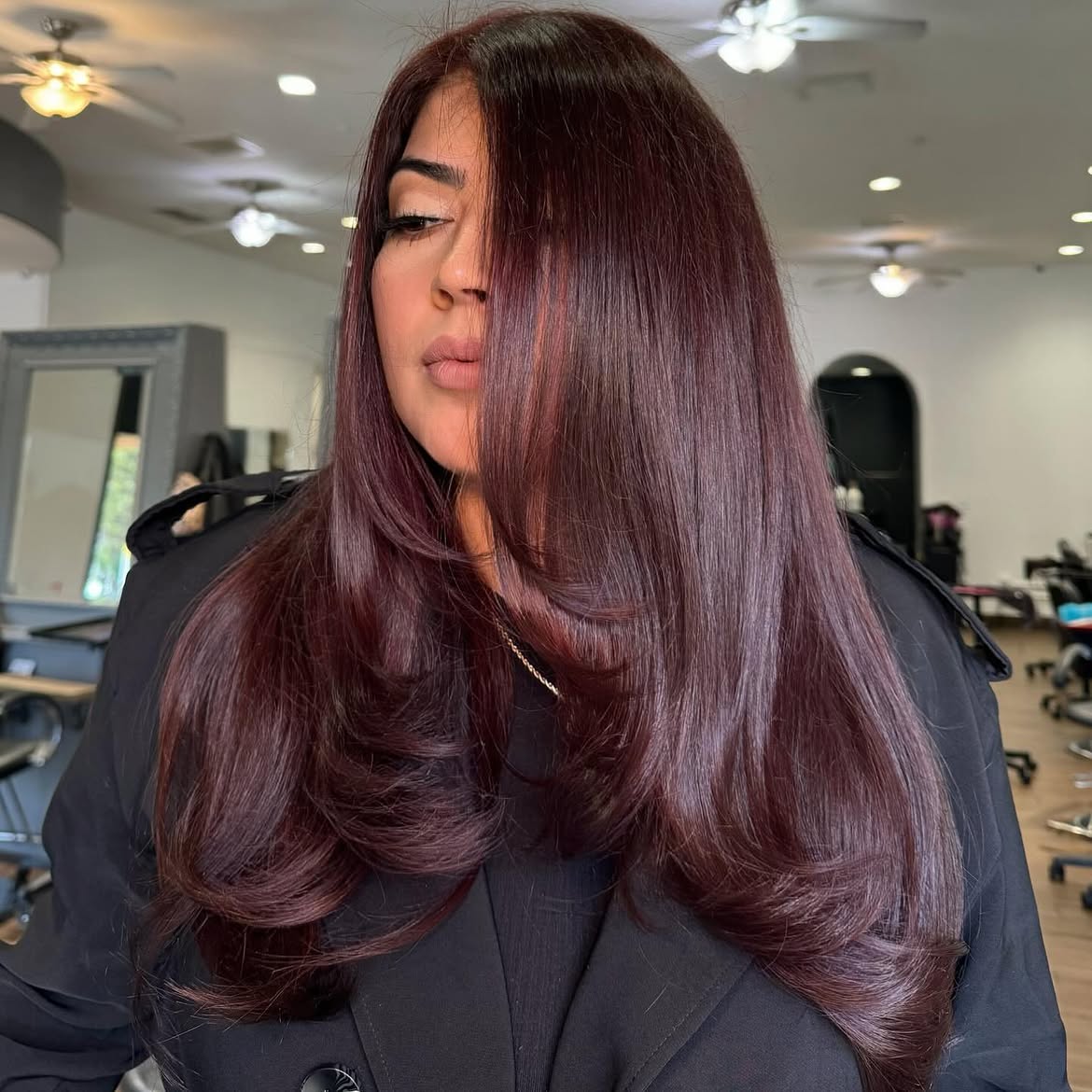 Deep Cherry Red Balayage With Face-Framing Layers