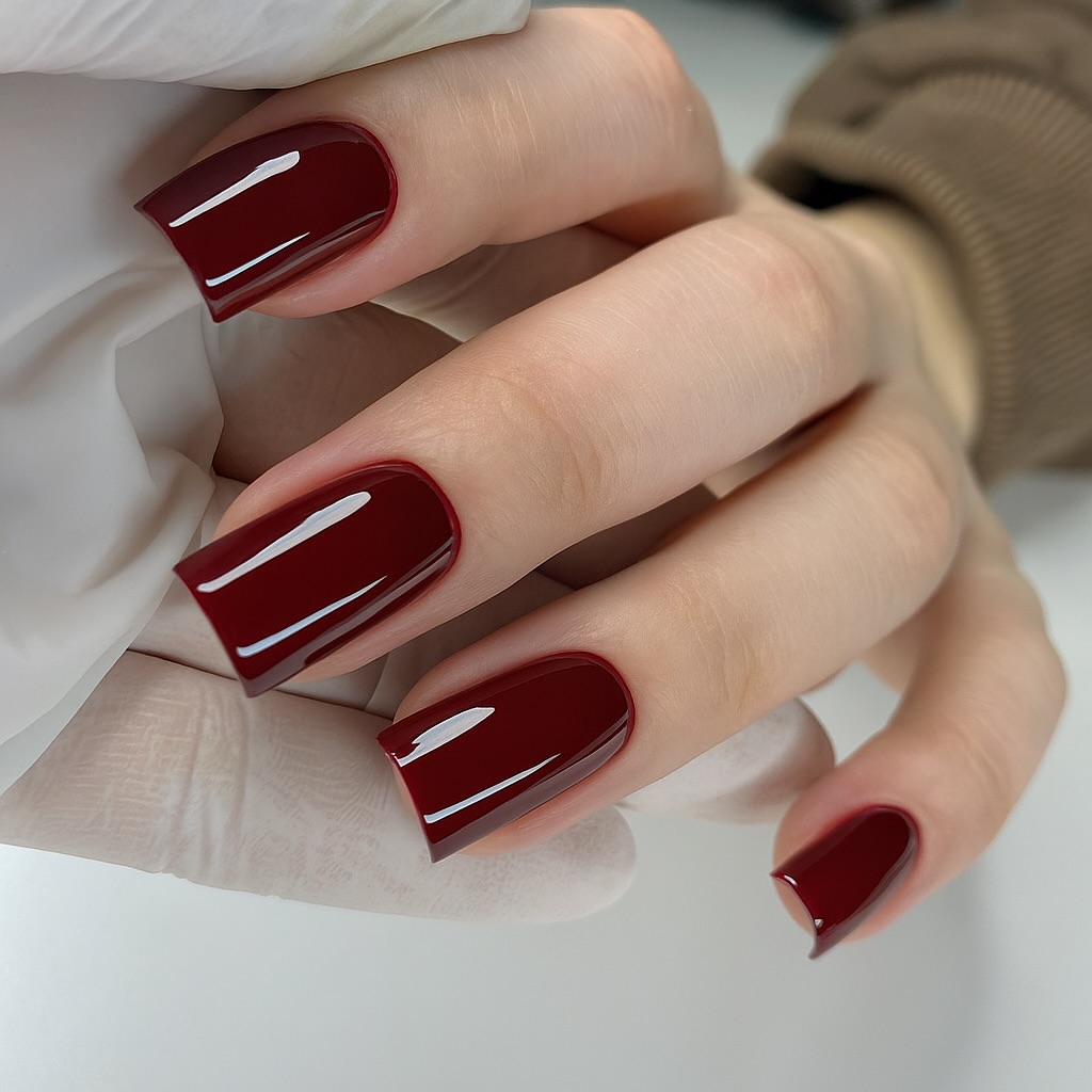 Deep Cherry Red Glossy Squoval Nails