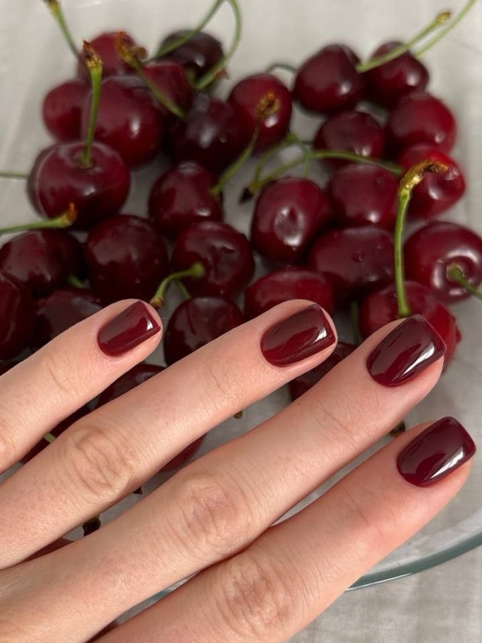 Deep Cherry Red High Gloss Short Nails