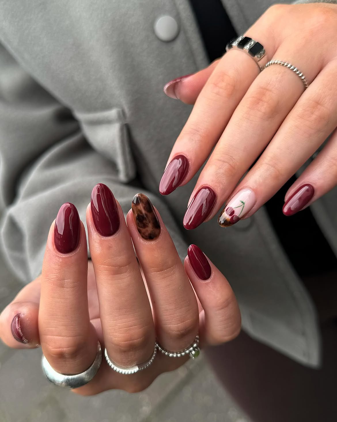 Deep Cherry Red Tortoise Shell Almond Nails