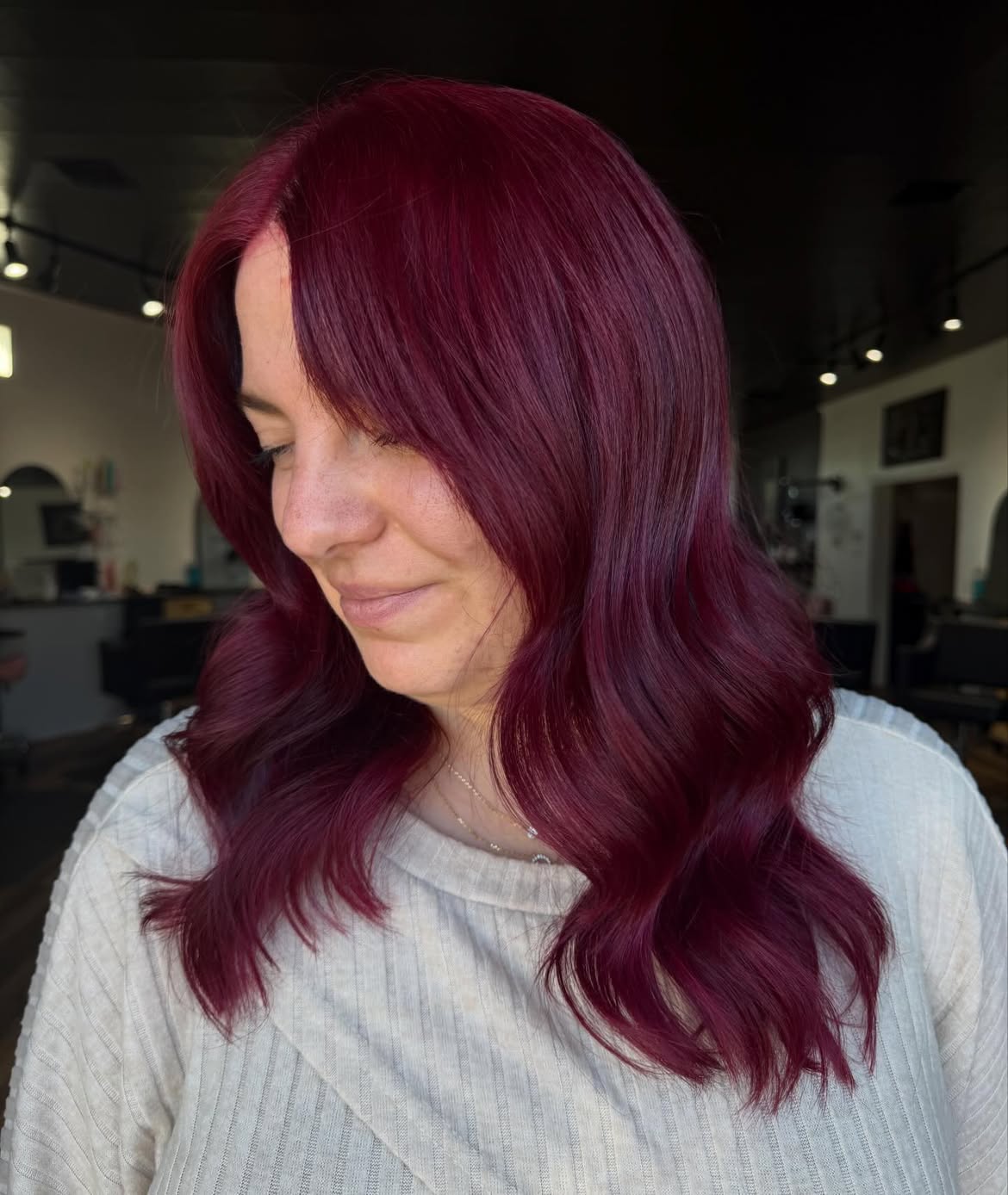 Deep Cherry Red Waves With Face-Framing Bangs