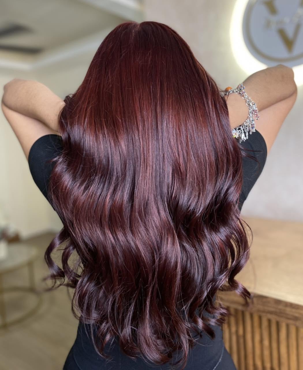Deep Cherry Red Wavy Hair With Glossy Finish