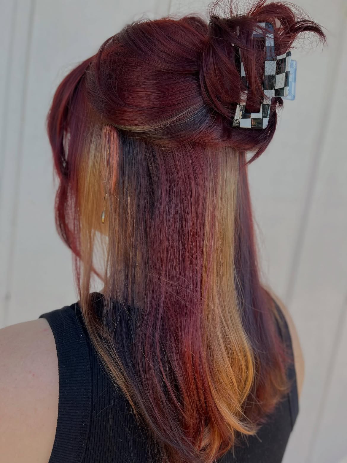 Deep Cherry Red With Blonde Peekaboo Highlights