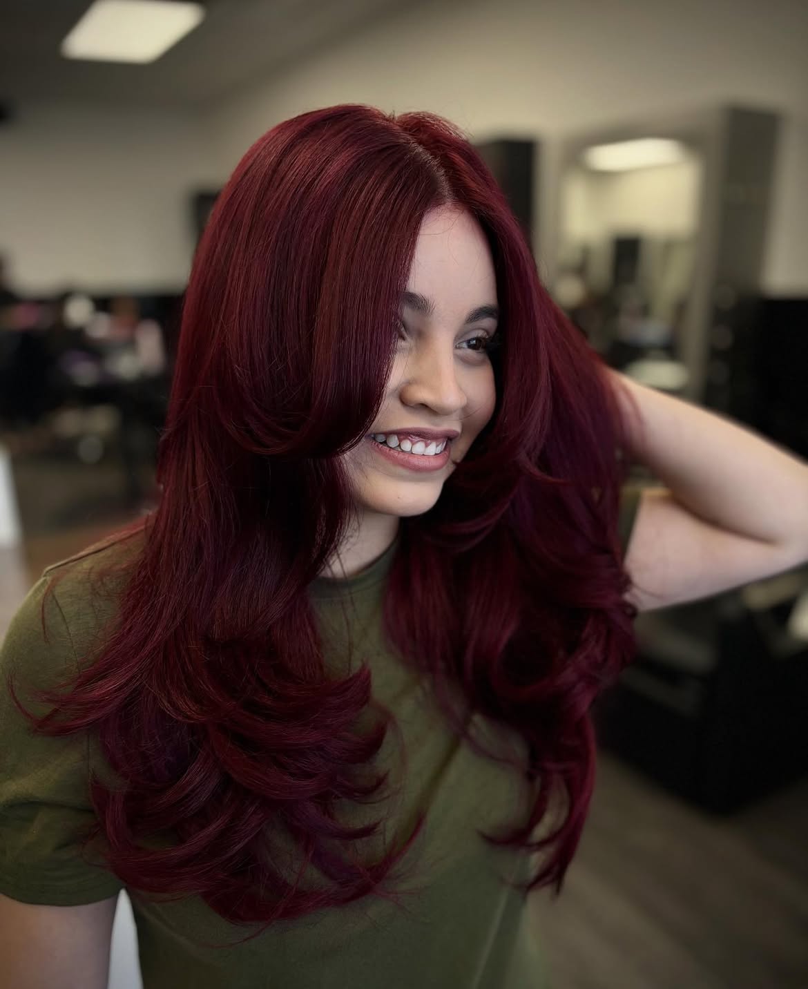 Deep Cherry Red With Face-Framing Layers