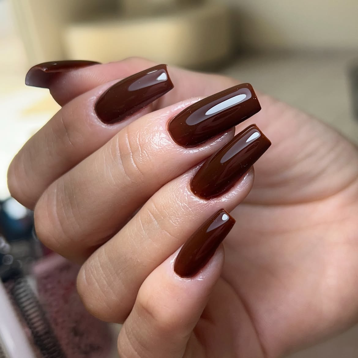 Deep Chocolate Brown Glossy Coffin Nails