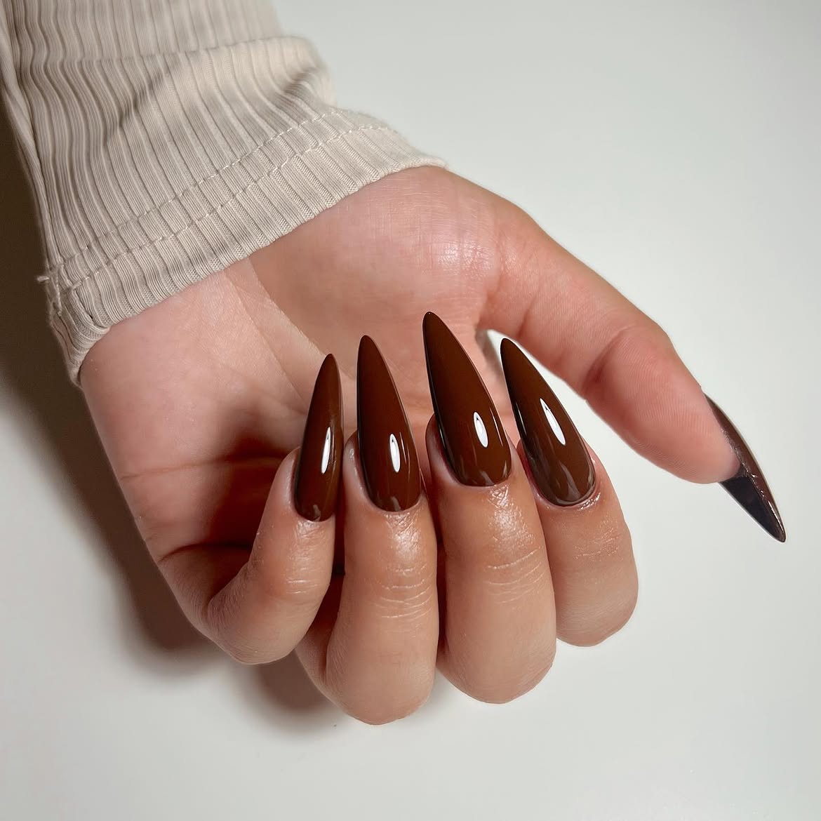 Deep Chocolate Brown Glossy Stiletto Nails
