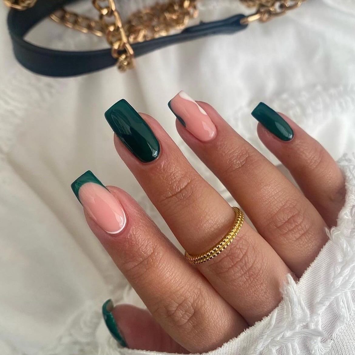Deep Emerald French Tip Coffin Nails