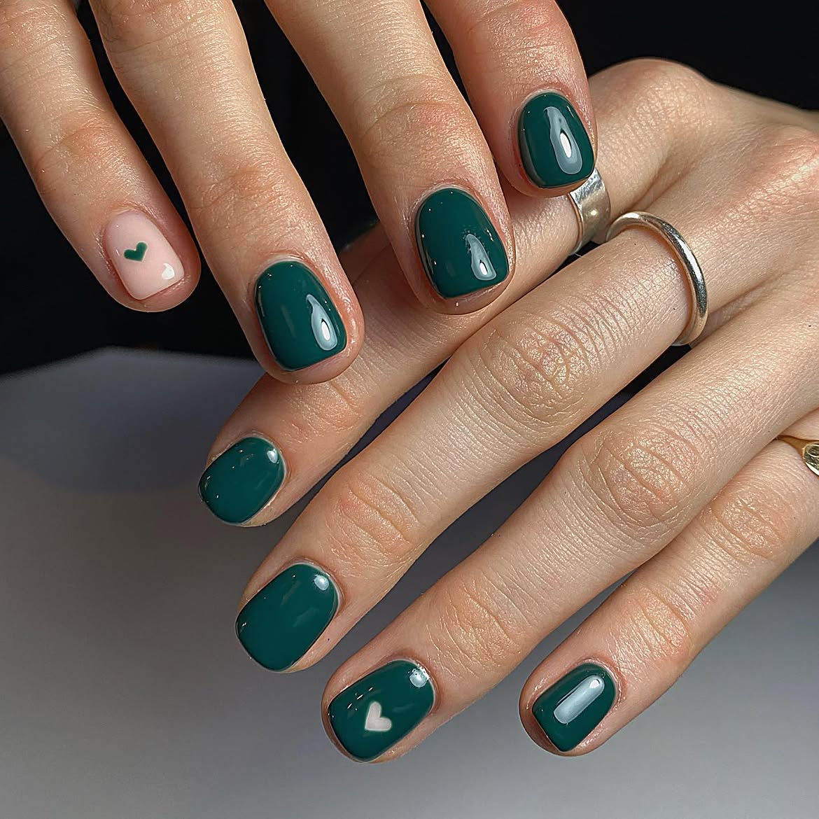 Deep Forest Green with White Heart Accent Nails