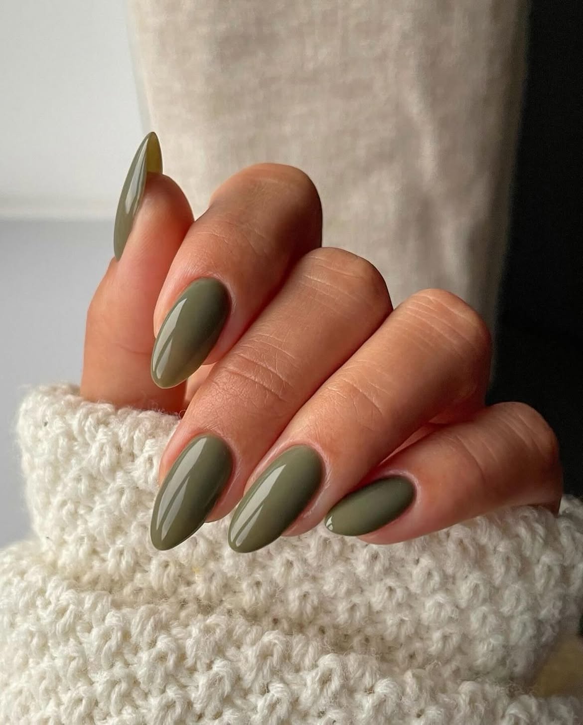 Deep Olive Green Glossy Almond Nails
