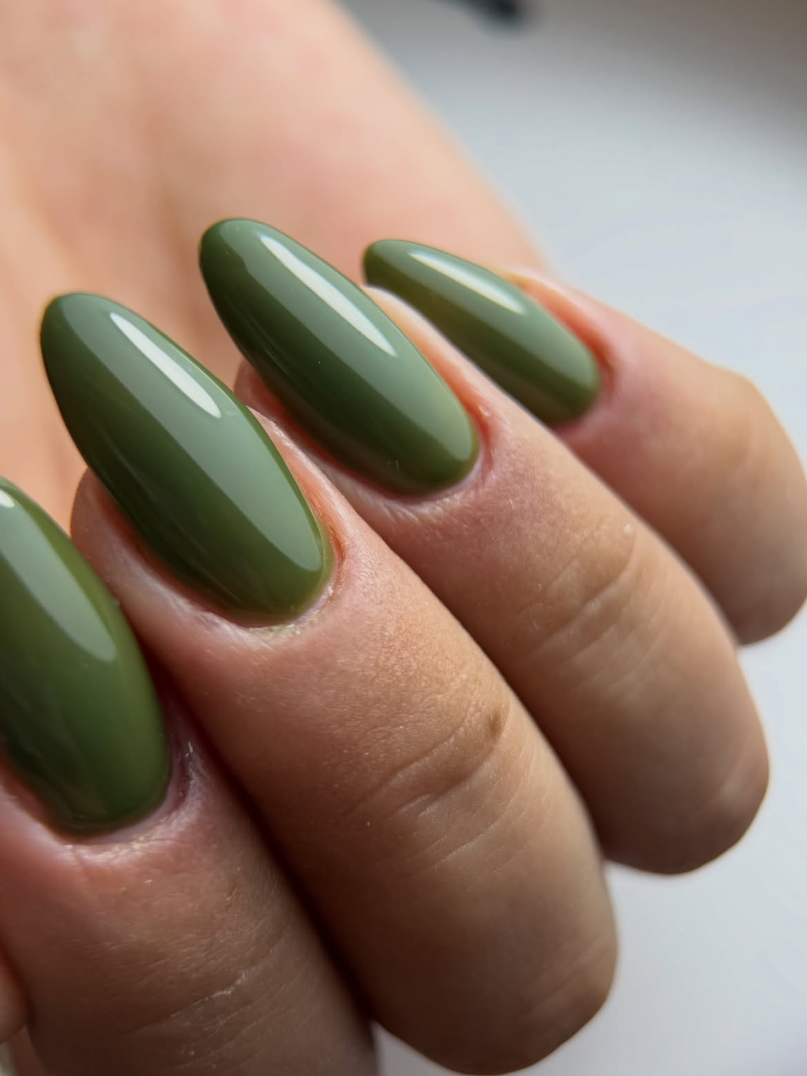 Deep Olive Green Glossy Almond Nails