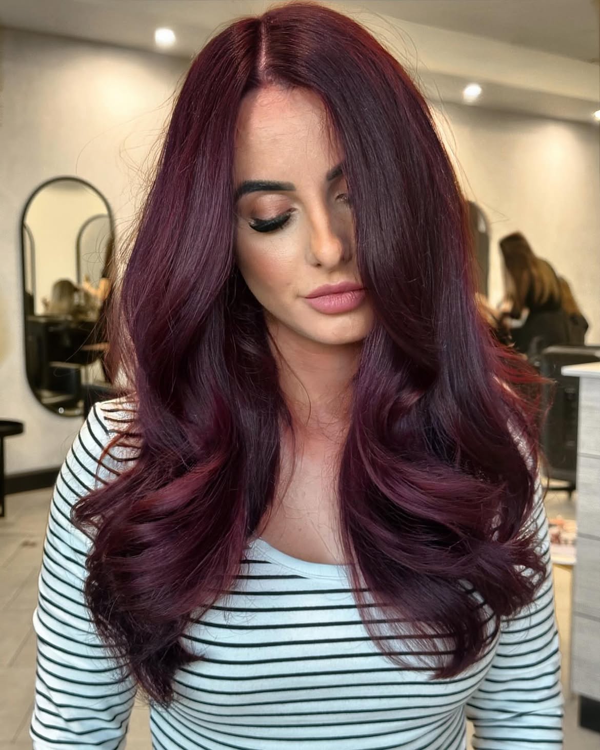 Deep Plum Balayage With Voluminous Hollywood Waves